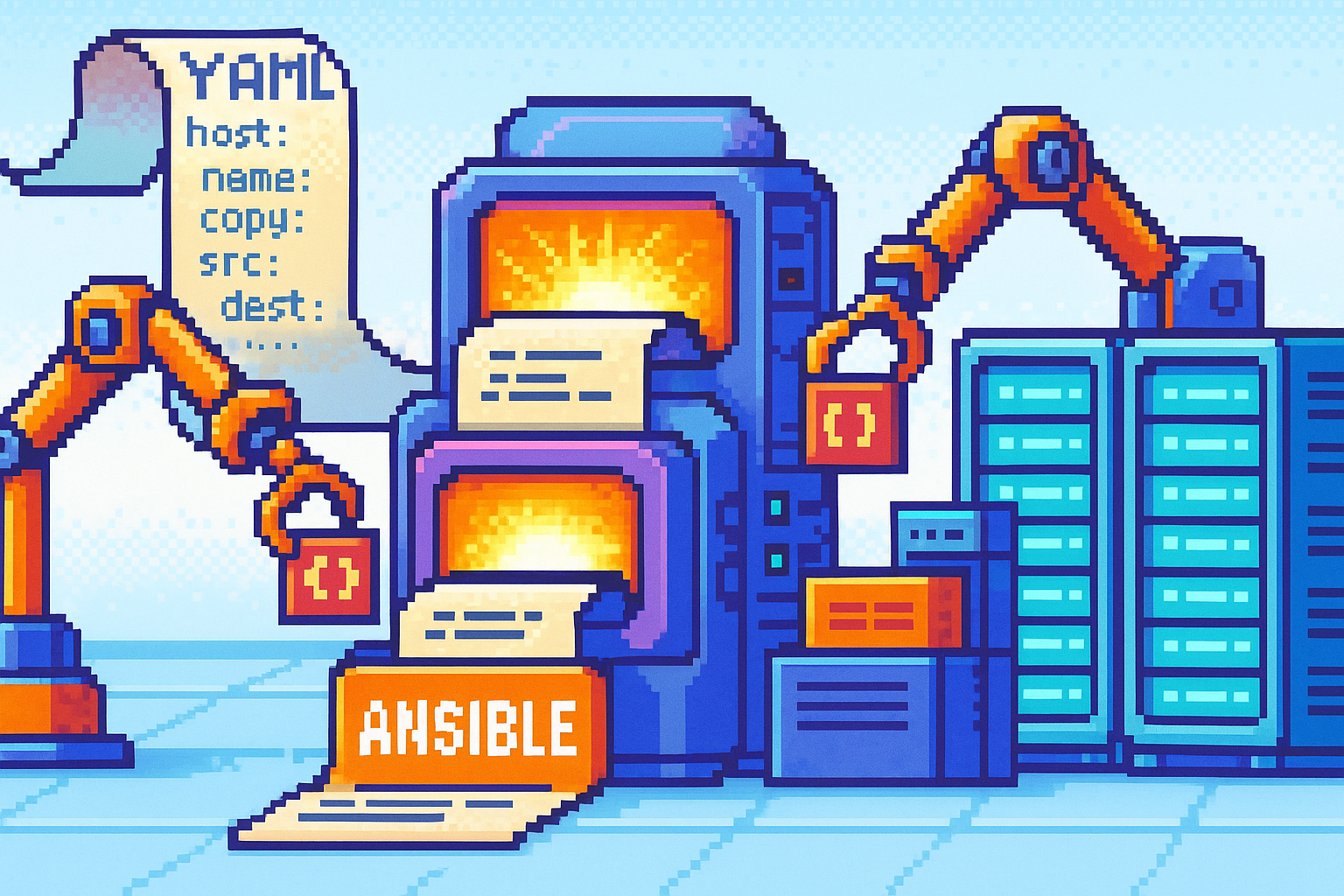 Ansible playbook generation — YAML tasks and handlers rendered as pixel art code blocks