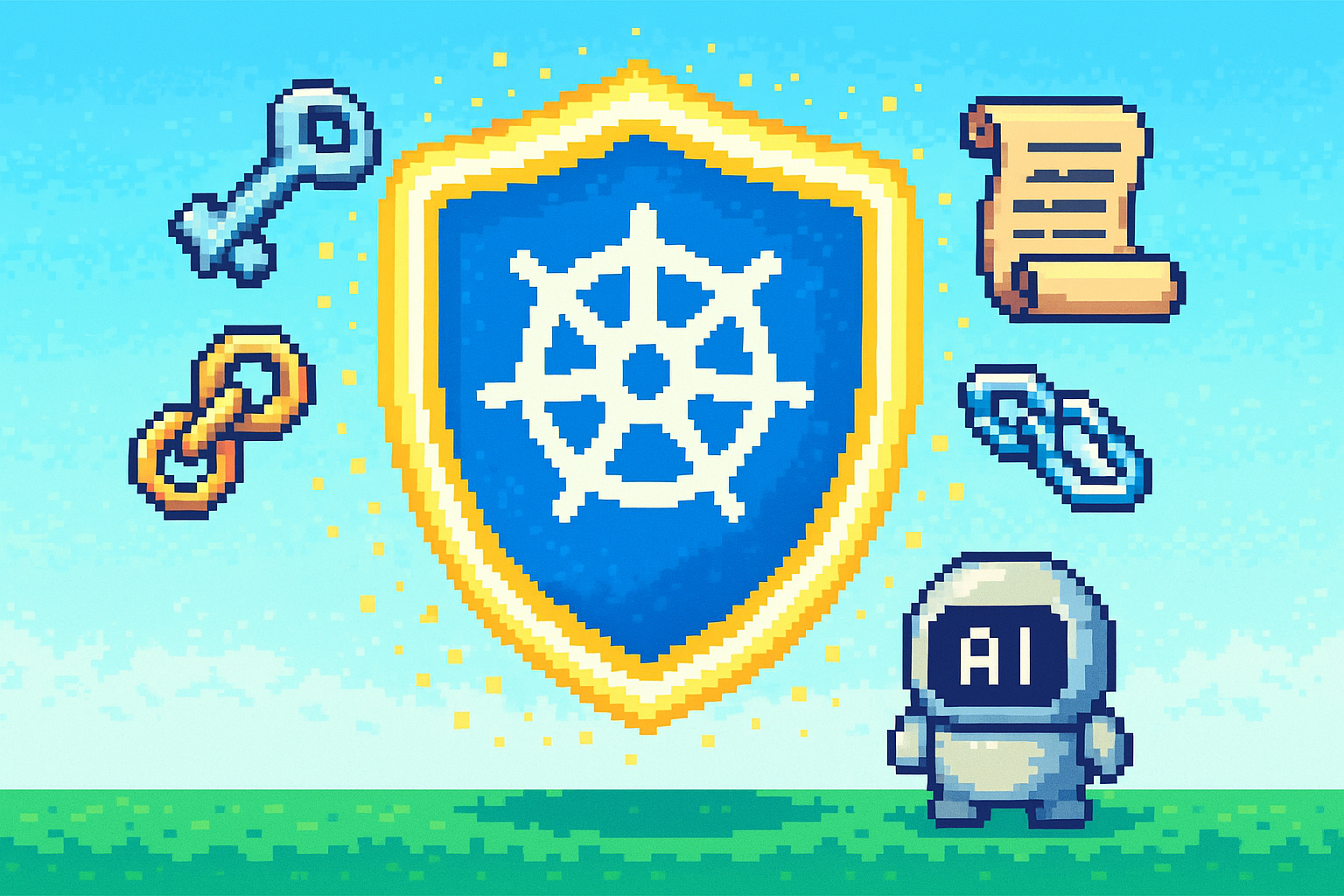 Governance guardrails — a pixel-art shield surrounding a Kubernetes cluster with RBAC and audit logs