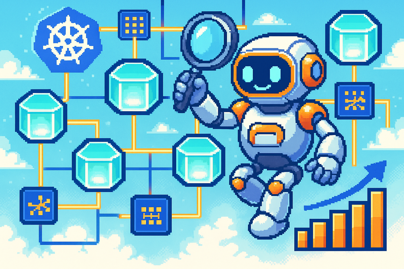 Kubernetes AI assistant — a pixel-art robot scanning pod containers, logs, and scaling graphs inside a cluster