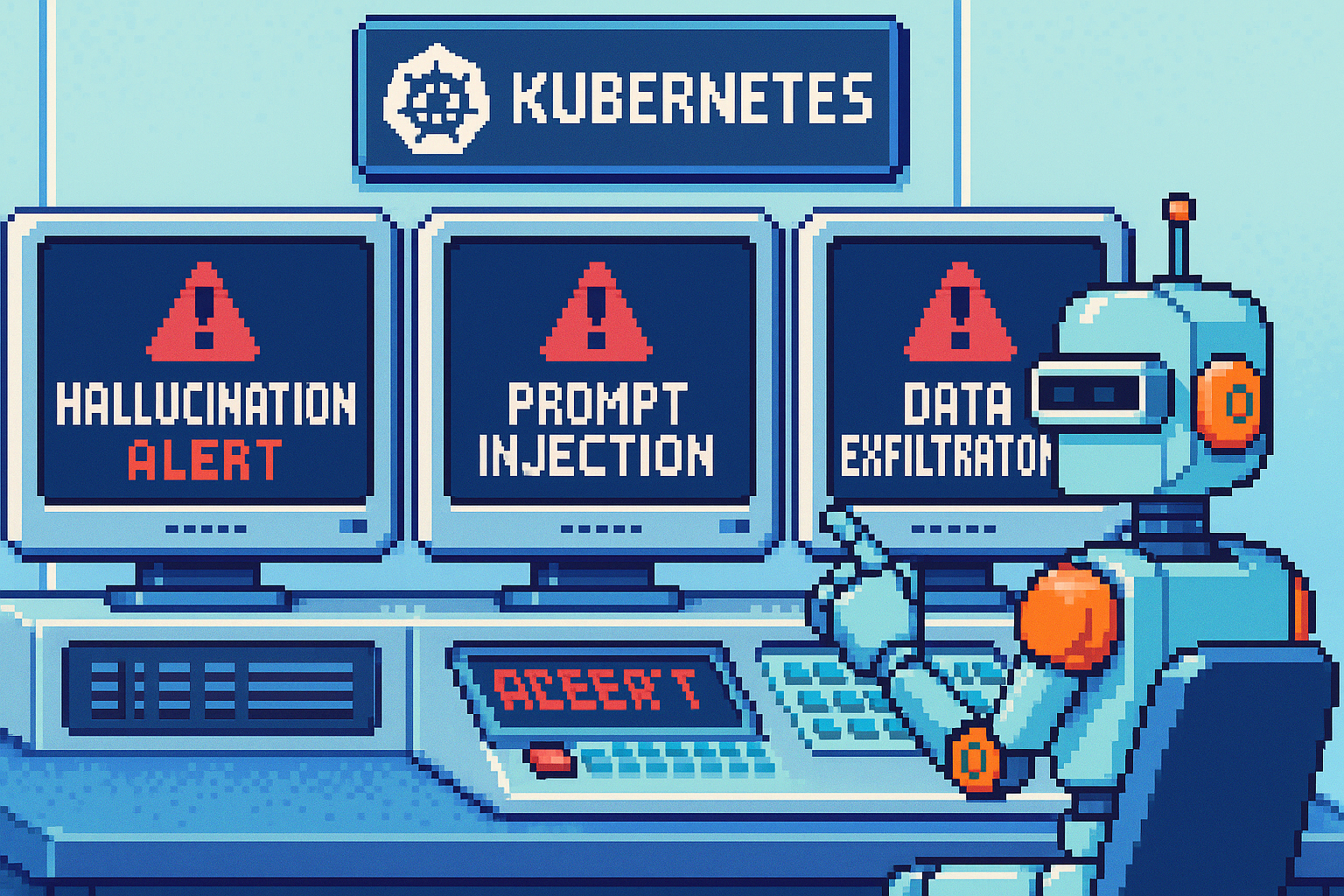Risk management — a pixel-art warning console showing hallucination and prompt injection alerts inside a cluster