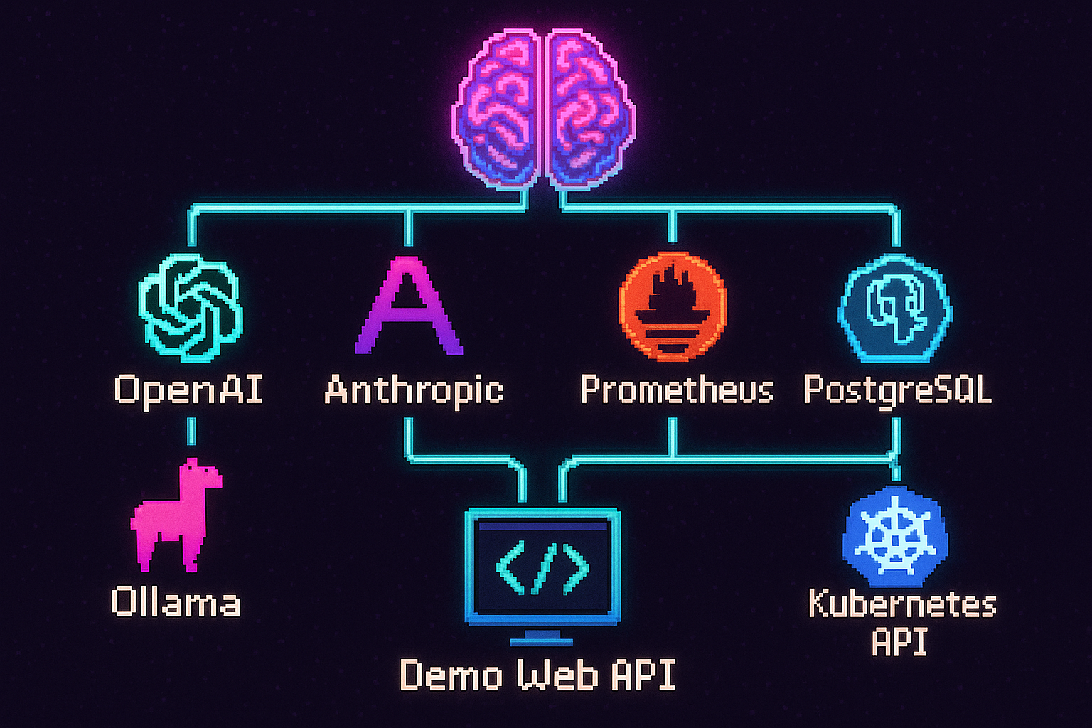 A pixel-art diagram showing an operations agent receiving input from OpenAI, Anthropic, and Ollama providers, then querying Prometheus, PostgreSQL, and the Kubernetes API before acting on a demo web API