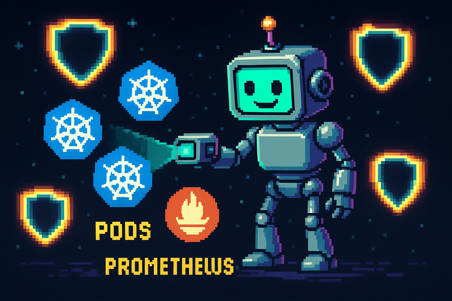A retro pixel-art AI operations agent standing inside a Kubernetes cluster, surrounded by guardrail shields, Prometheus gauges, and API gates, with glowing deterministic checks flowing toward a pod