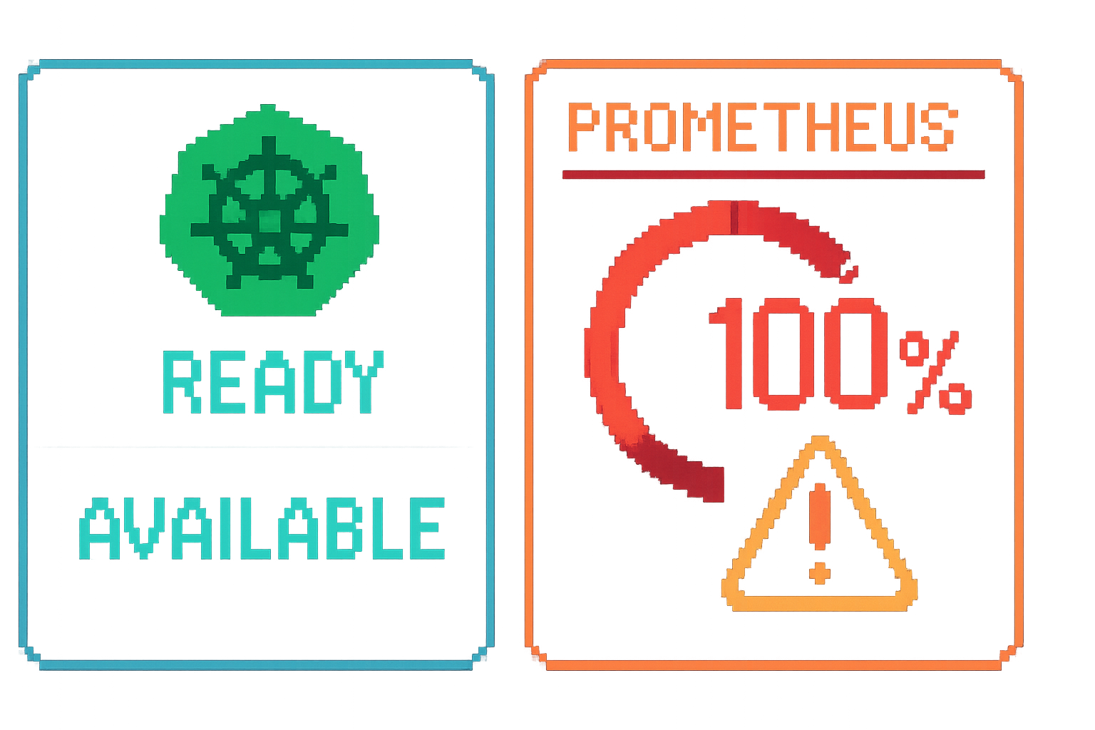 A pixel-art dashboard showing Kubernetes reporting Ready while a Prometheus error-ratio graph stays pinned at 100 percent, illustrating the mismatch between pod state and real recovery